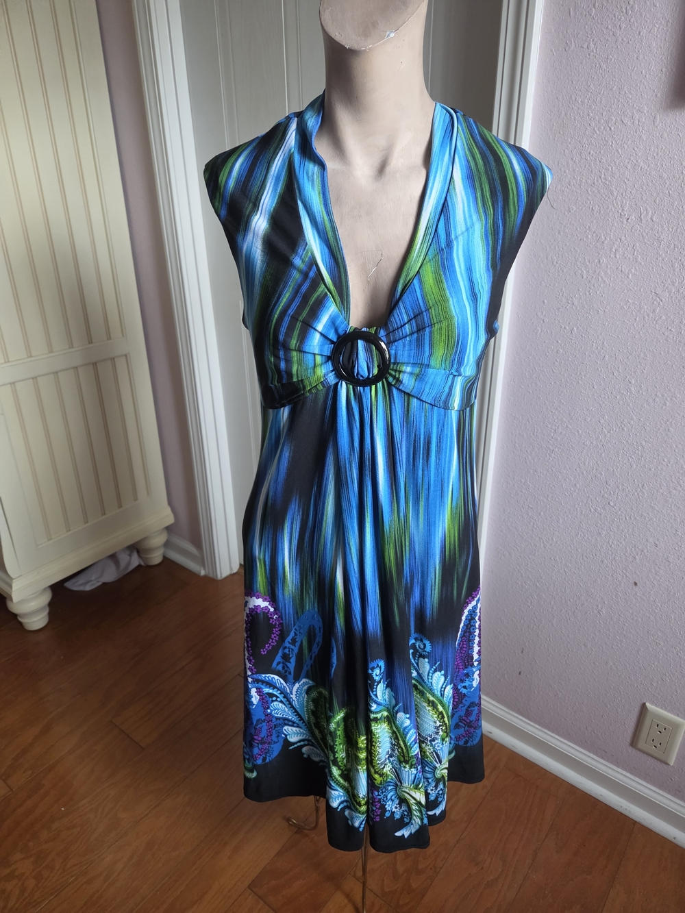 Dressbarn Kathy Roberts Blue & Green  with Ring Detail